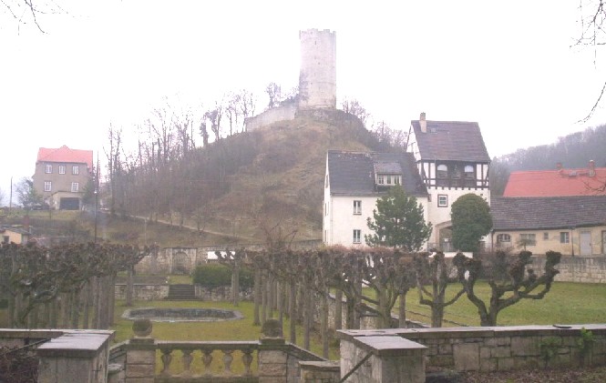 Blick aus dem Park auf Burg Saaleck